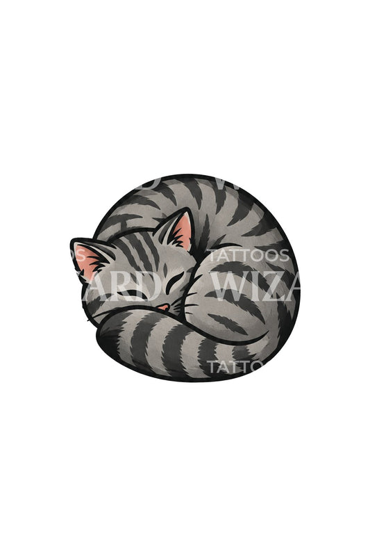 丸まって眠るトラ猫のステッカー風タトゥーアイデア