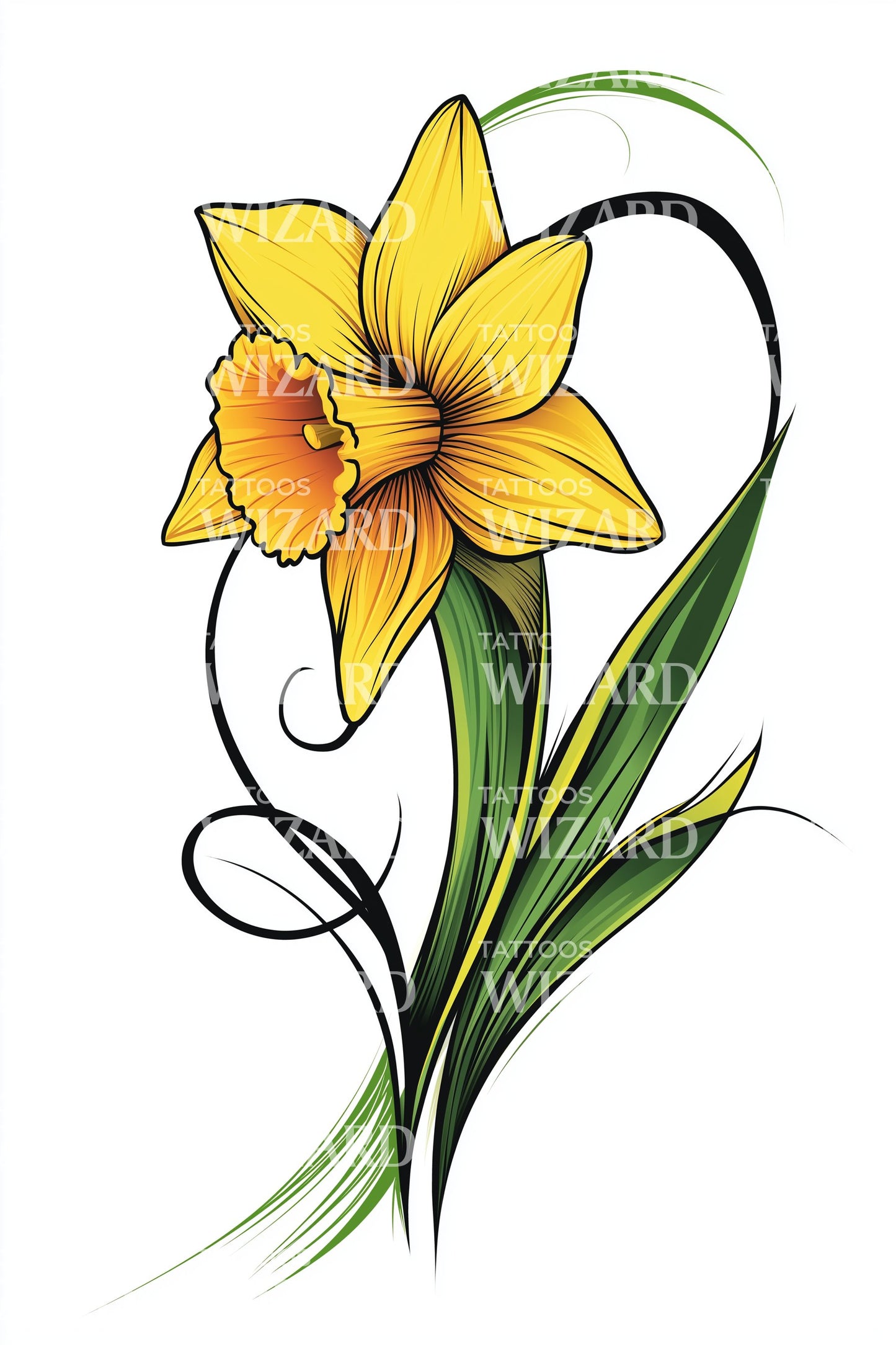 Curved Leaf Daffodil Tattoo Illustration