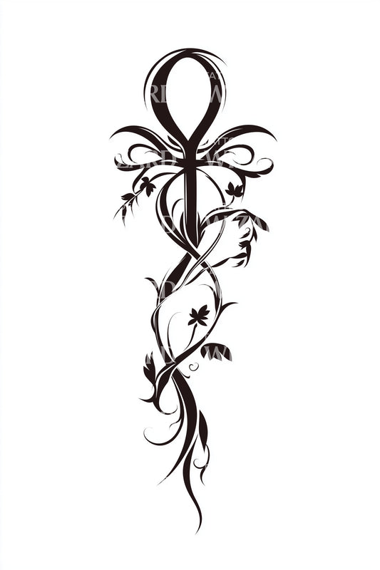 Curved Vine Ankh Tattoo Design