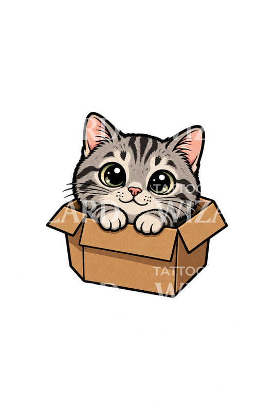 Cute Cartoon Cat in Cardboard Box Tattoo