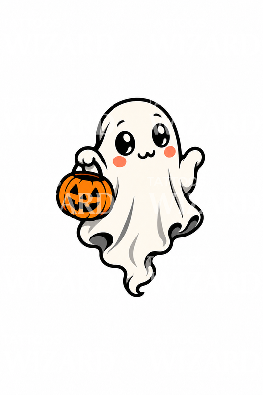 Diseño de tatuaje de fantasma cartoon con calabaza