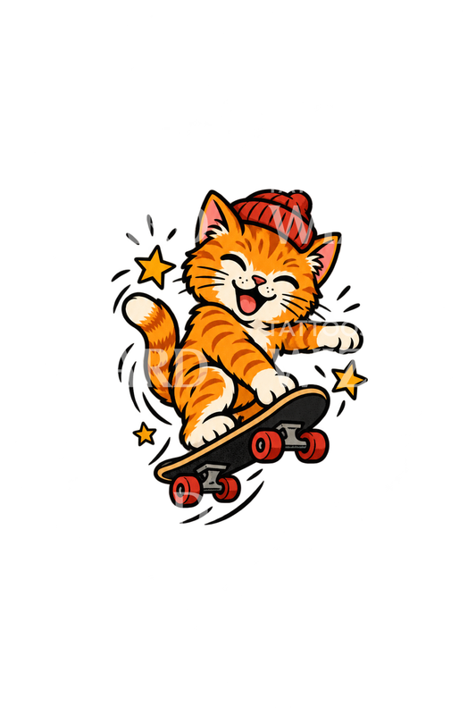 Schattige kat op skateboard als tattoo-idee
