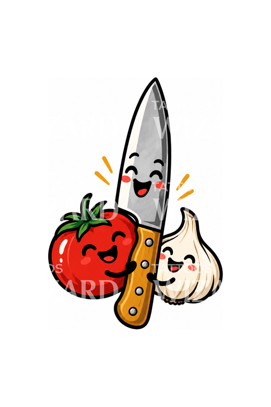 Tatuagem adorável de faca de chef, tomate e alho