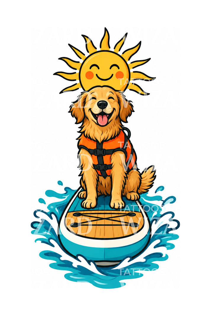 Sun Check Icon Cute Dog on Paddleboard with Sun Tattoo – Tattoos Wizard Designs