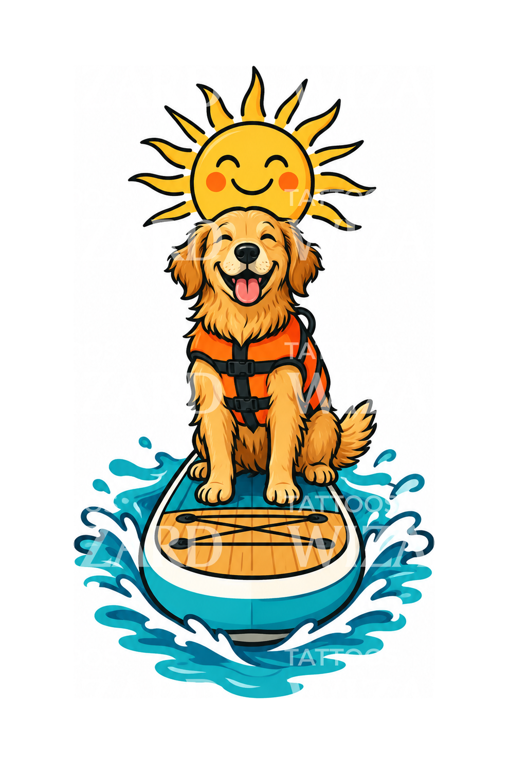 Sun Check Icon Cute Dog on Paddleboard with Sun Tattoo – Tattoos Wizard Designs