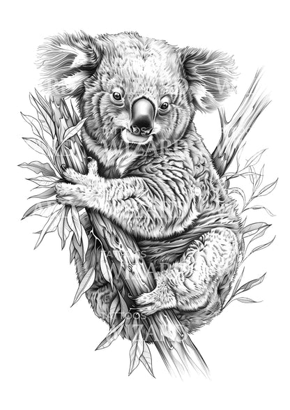 Cute Furry Koala in Eucalyptus Tattoo Design