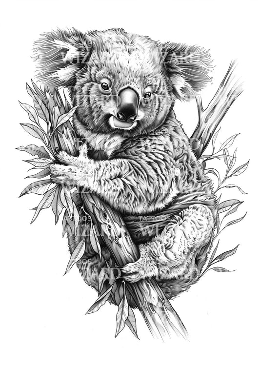 Cute Furry Koala in Eucalyptus Tattoo Design