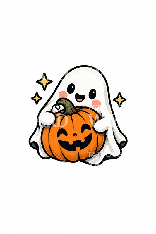 Cute Ghost Hugging a Pumpkin Tattoo Design
