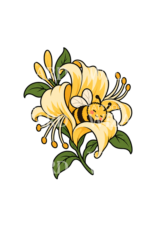 Cute Honeysuckle with Sleeping Bee Tattoo