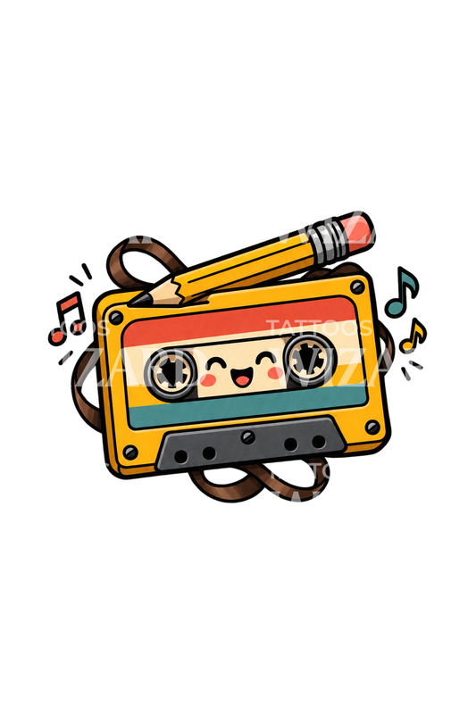 Aranyos mixtape-kazetta és ceruza tetoválás