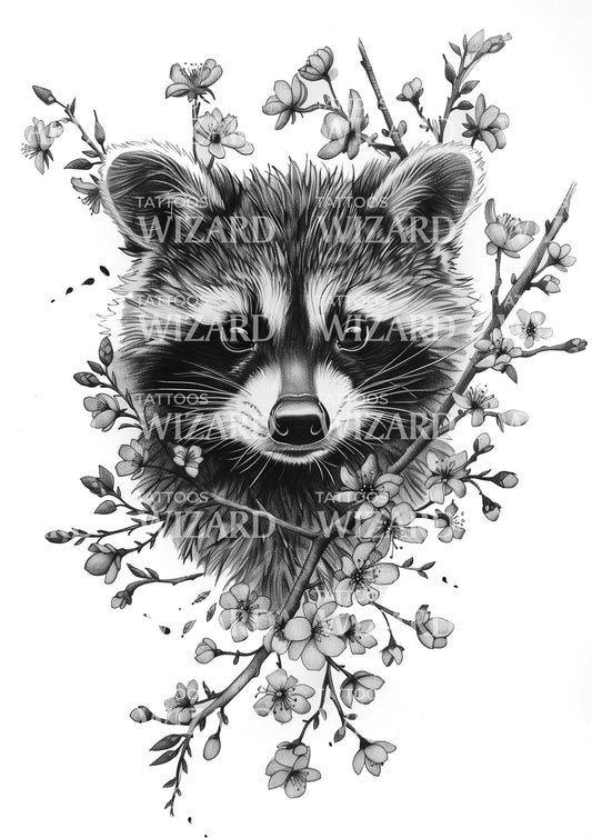 Cute Raccoon with Flowers Tattoo Idea