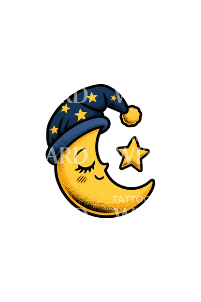 Uroczy zaspany księżyc w nocnej czapce, pomysł na tatuaż