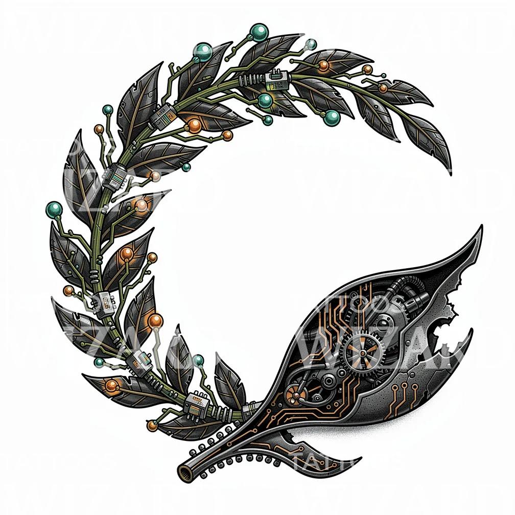 Cyber Botanical Wreath Tattoo Design