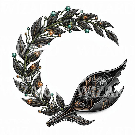Cyber Botanical Wreath Tattoo Design