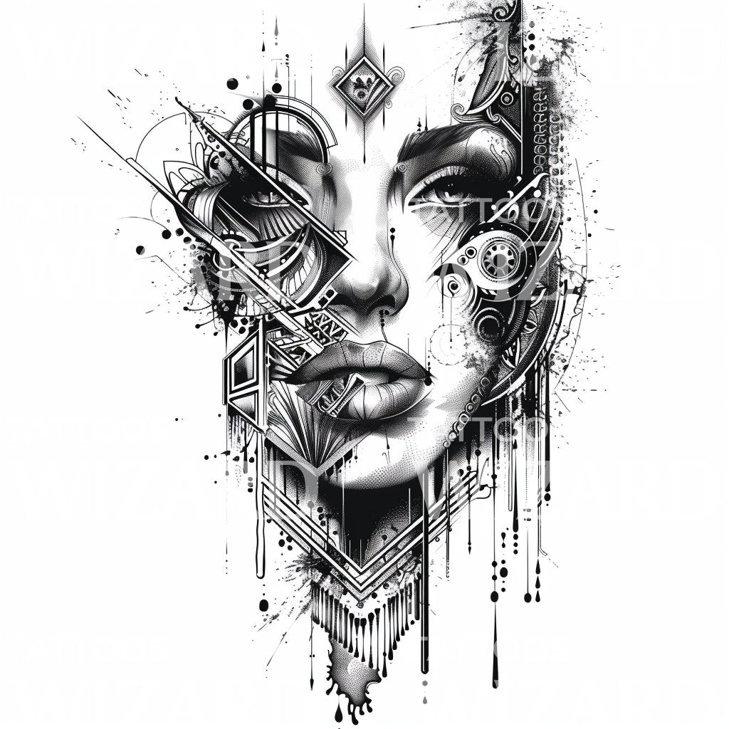 Cyber-Gothic Woman with Eye Symbols Tattoo Illustration