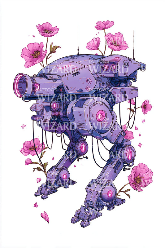 Cyber Mech Foxflower Tattoo Illustration