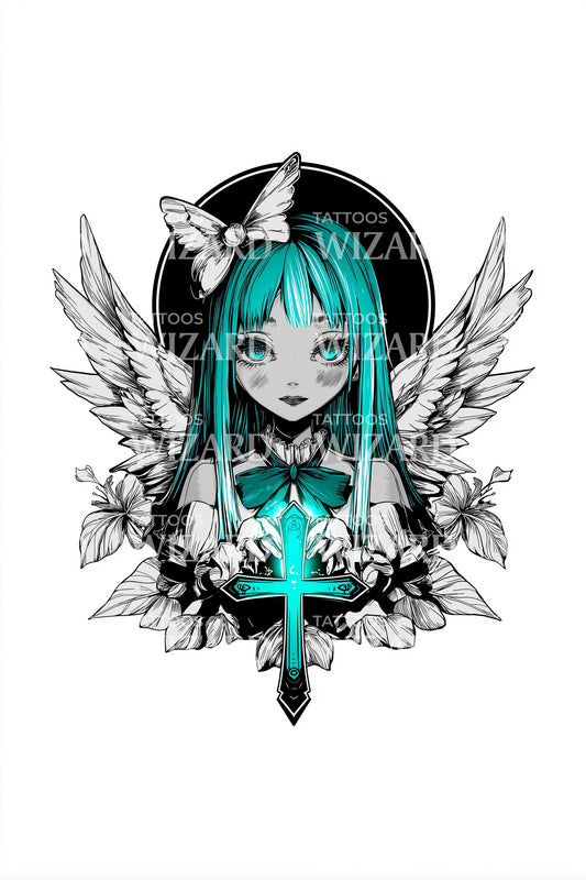 Cyber Seraph Cross Tattoo Design