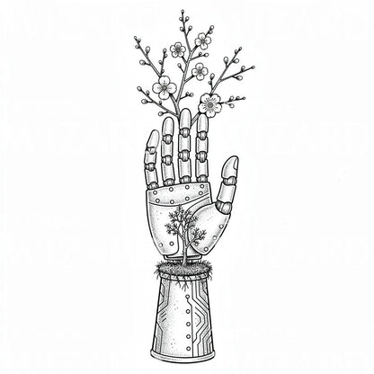 Cybernetic Blossom Hand Tattoo Design