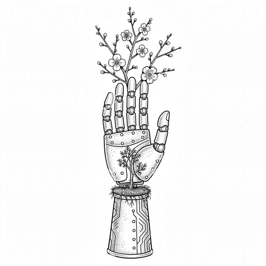 Cybernetic Blossom Hand Tattoo Design