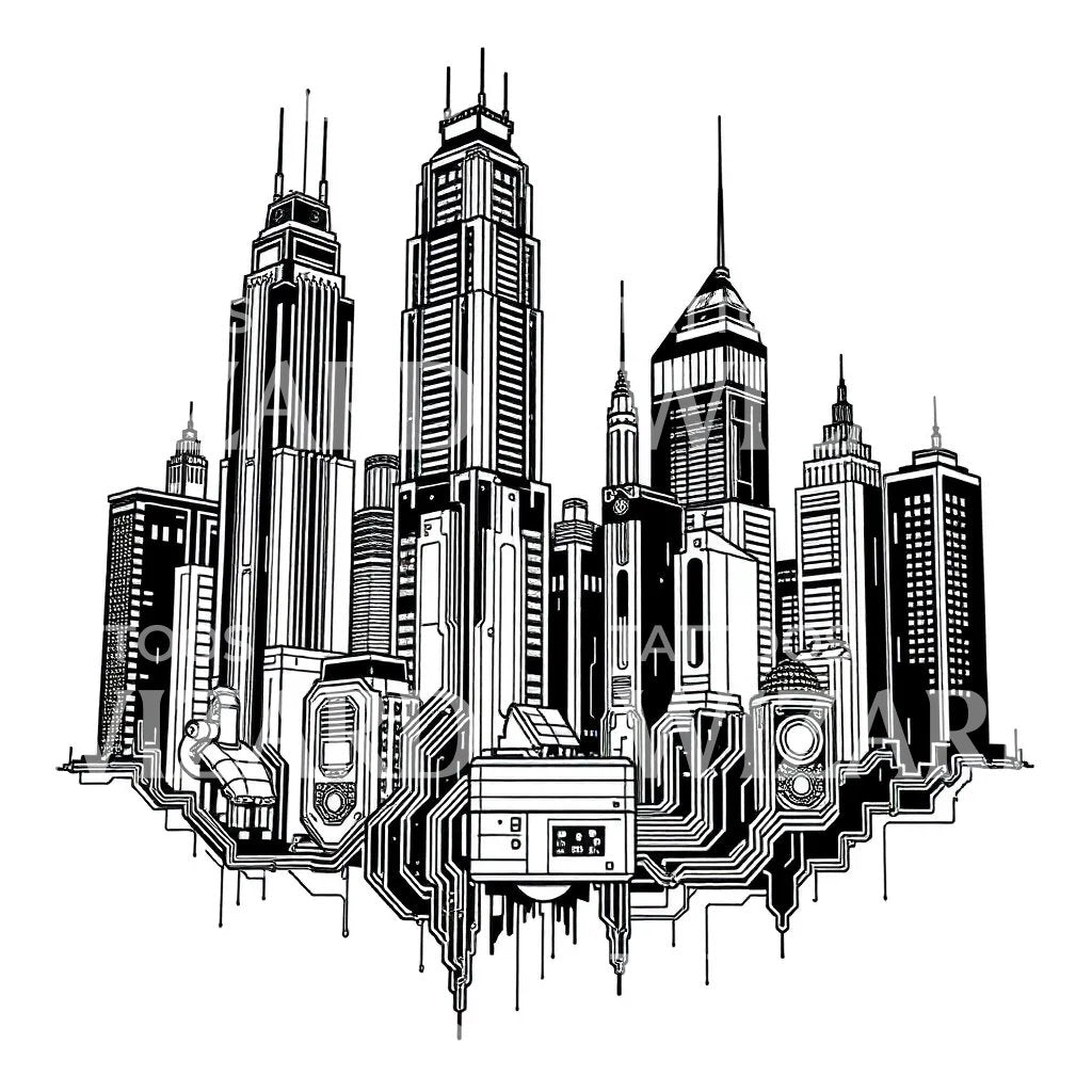 Ilustración de Tatuaje de Ciudad Cibernética