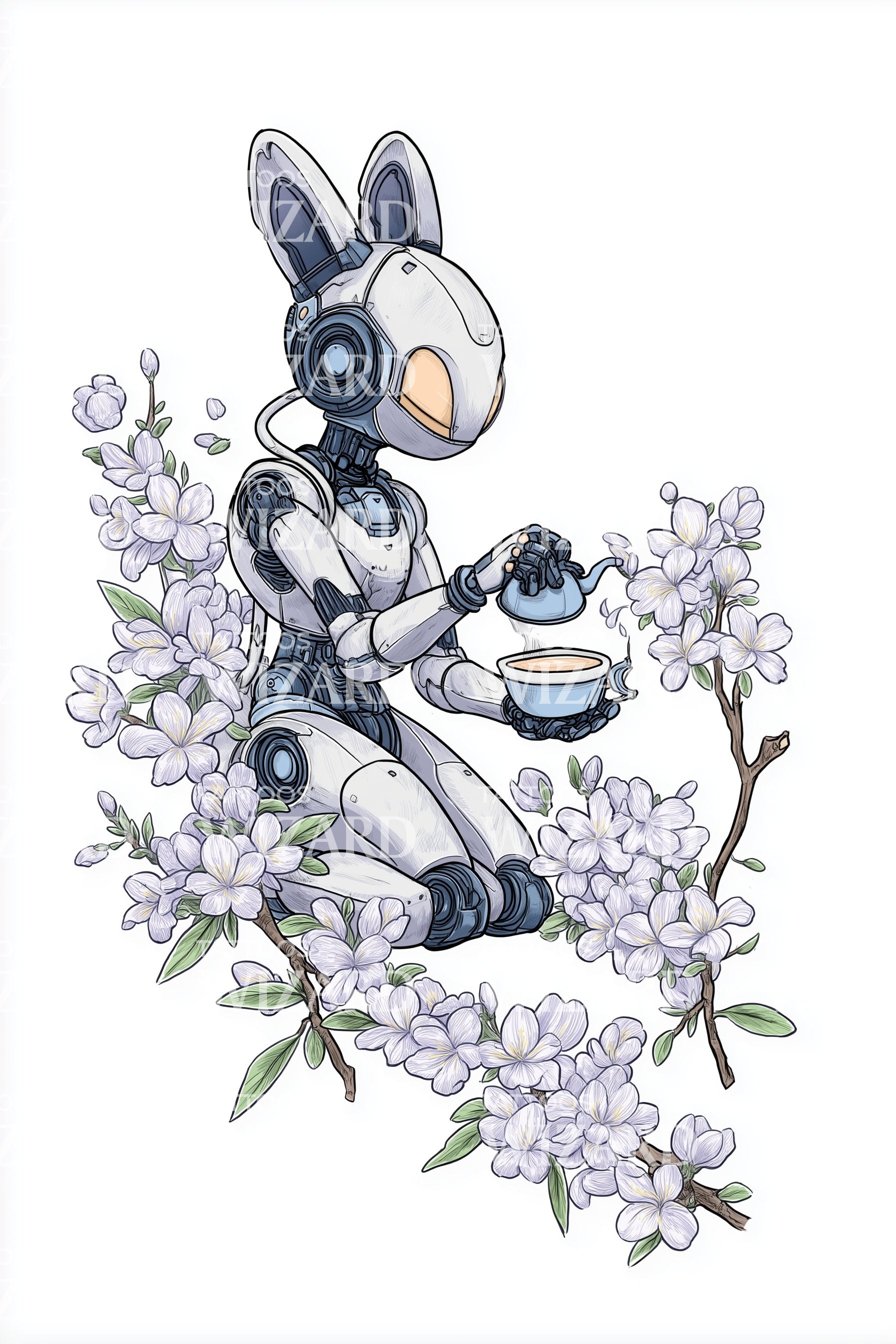 Cybernetic Rabbit Floral Tattoo Design – Tattoos Wizard Designs