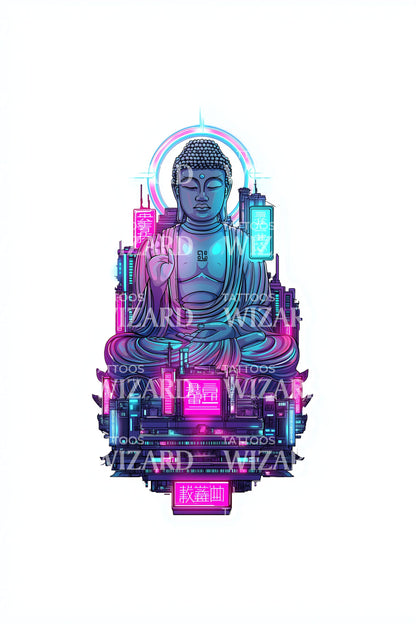 Cyberpunk Neon Buddha Tatuering Design