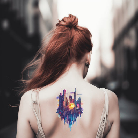 Design de Tatuagem Aquarela Skyline Cyberpunk