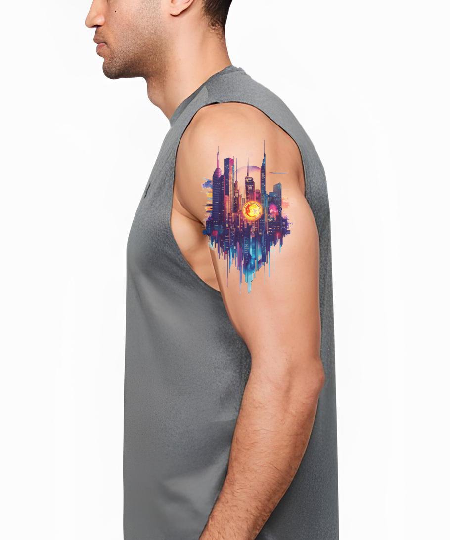 Design de Tatuagem Aquarela Skyline Cyberpunk