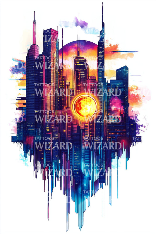 Design de Tatuagem Aquarela Skyline Cyberpunk