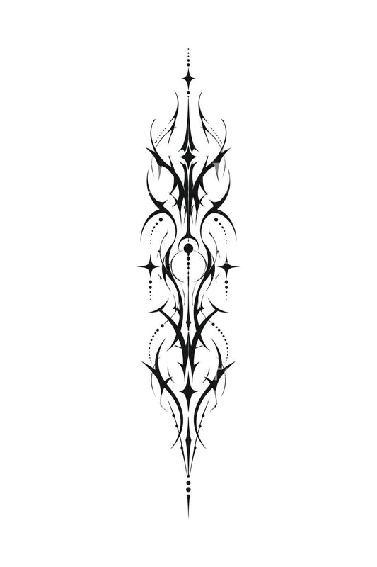 Cybersigil blackwork-tatovering langs rygsøjlen