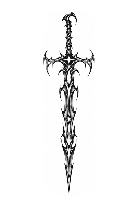 Wyrazisty tatuaż cybersigil z mieczem w blackworku