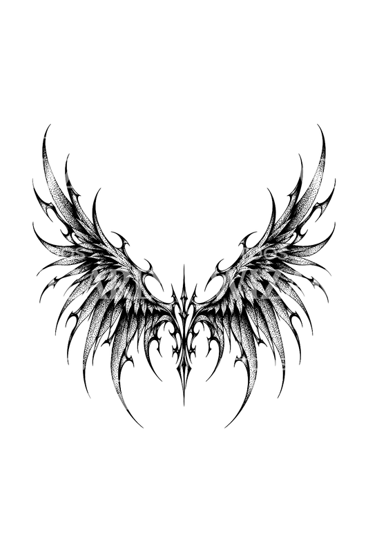 Asas espinhosas cybersigilistas, tatuagem dotwork