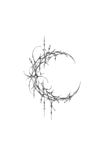 Desain tato fine line bulan sabit Cybersigilism