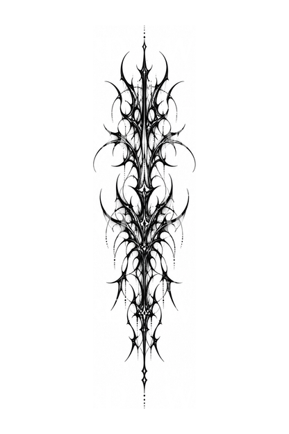 Blackwork-tatoveringsdesign med cybersigilisme på ryggen