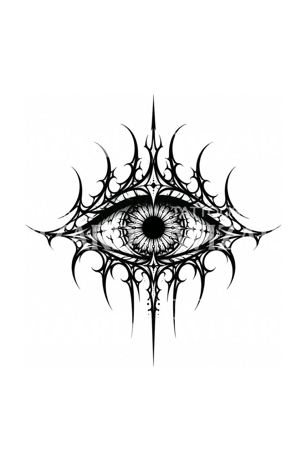 Tatuaje blackwork de ojo cybersigilista con espinas