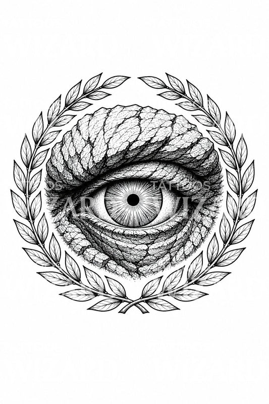 Desain tato mata Cyclops dengan karangan laurel