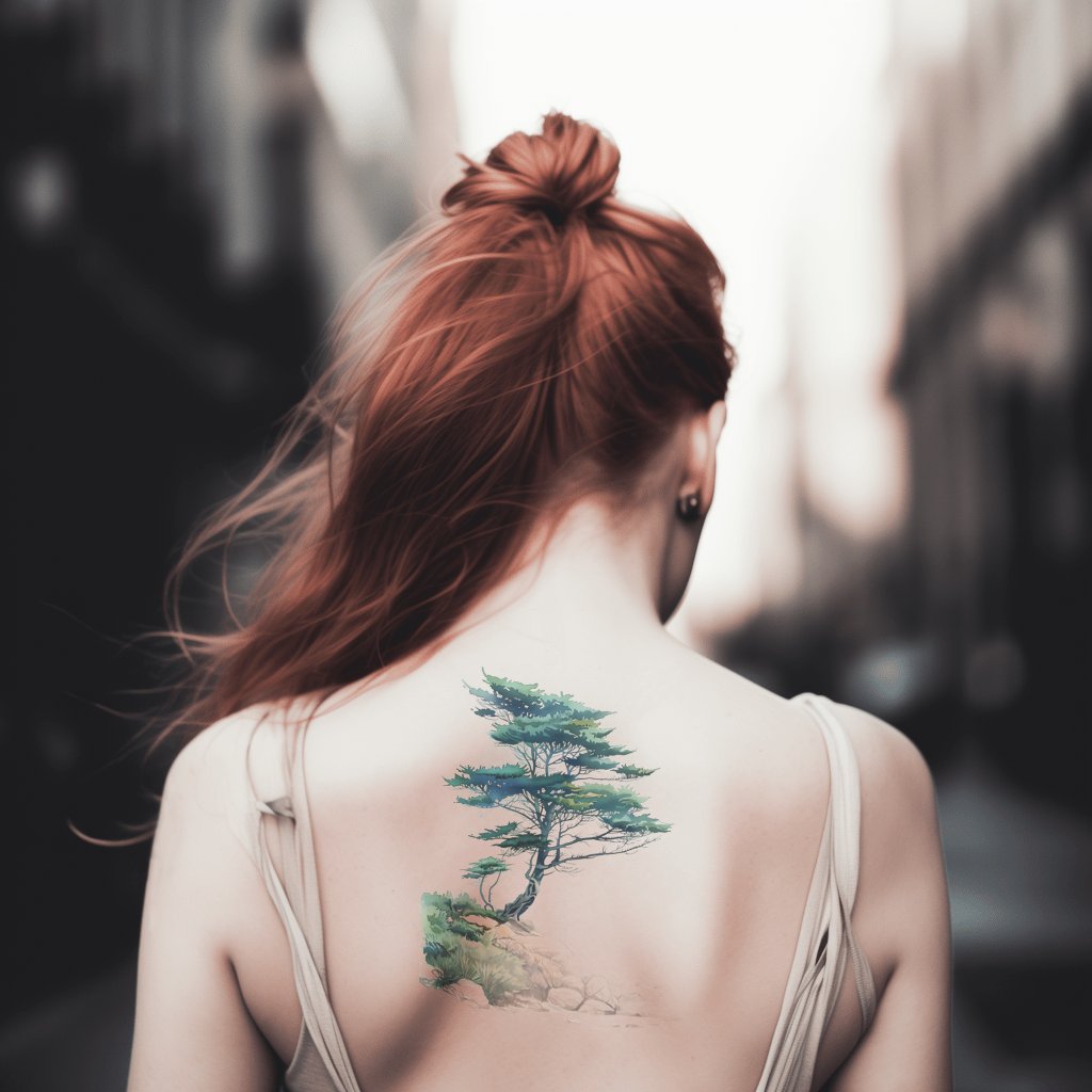 Peaceful Cypress and Landscape Tattoo Design