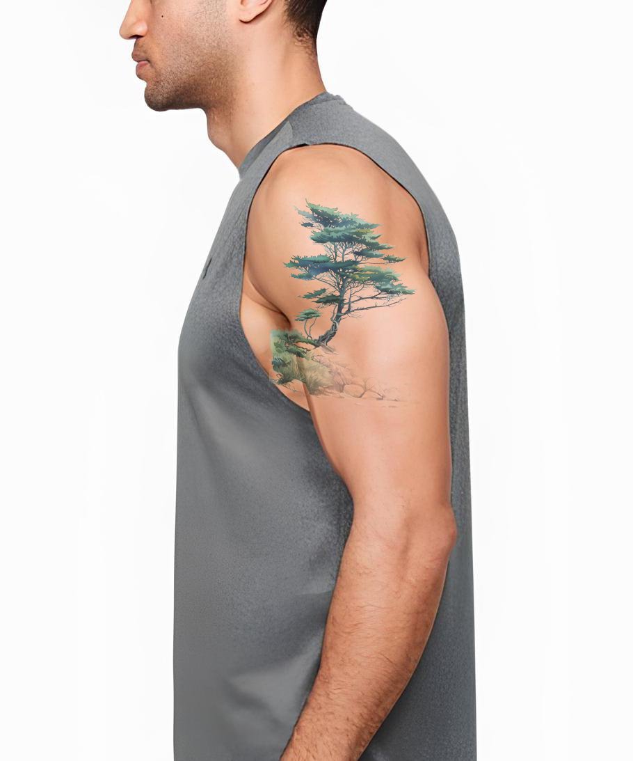 Design de Tatuagem de Cipreste Pacífico e Paisagem