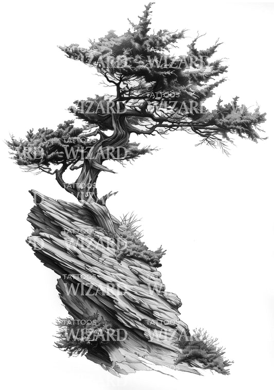 Cypress Tree on Top of a Montain Tattoo Design