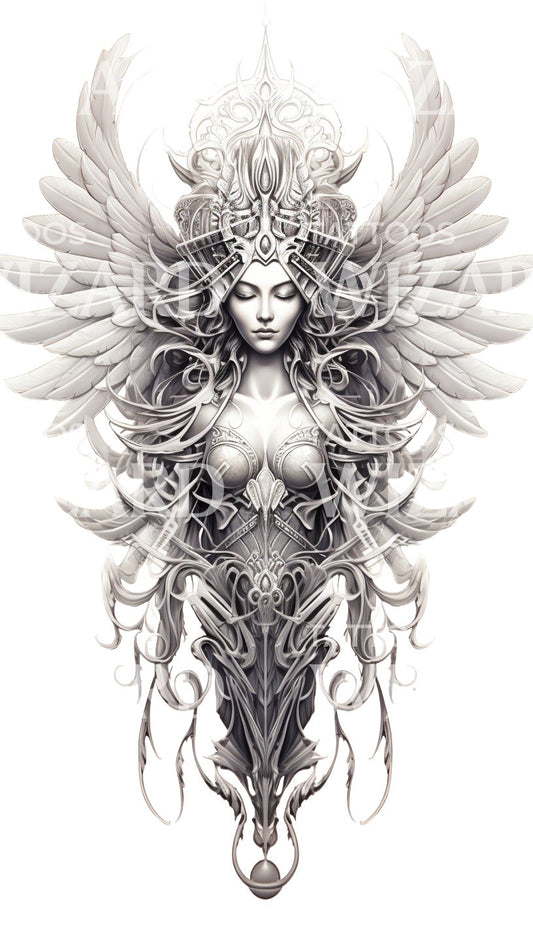 Déesse spirituelle avec conception de tatouage d'ailes