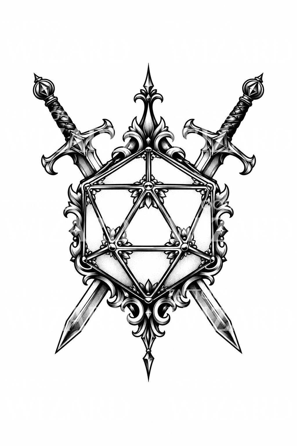Tatuagem blackwork de D20 com espadas cruzadas