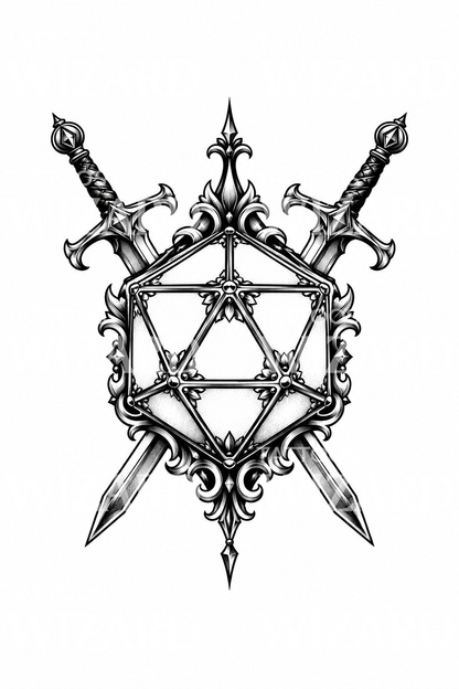 Tatuagem blackwork de D20 com espadas cruzadas