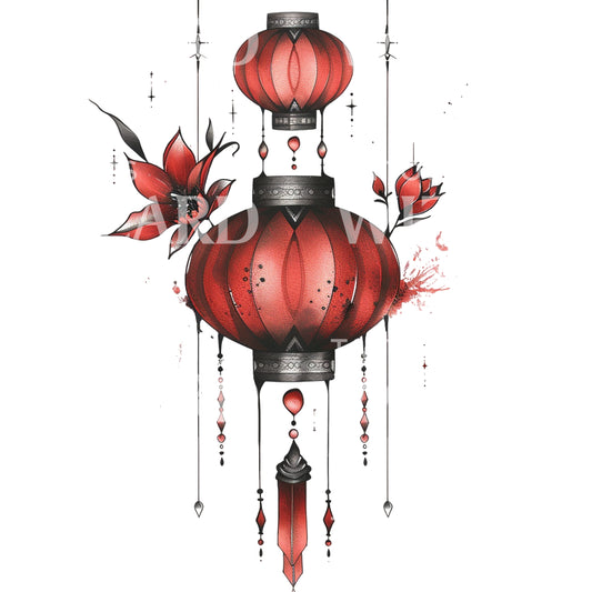 Chinese Lantern and Flowers Tattoo Design