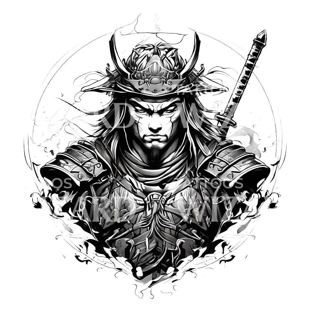 Conception de tatouage de portrait de guerrier samouraï anime