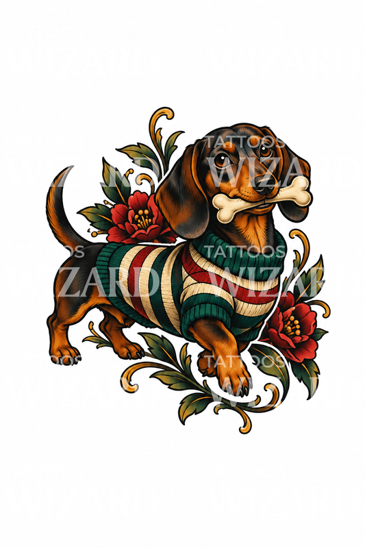 Tatoveringsdesign af gravhund i stribet sweater