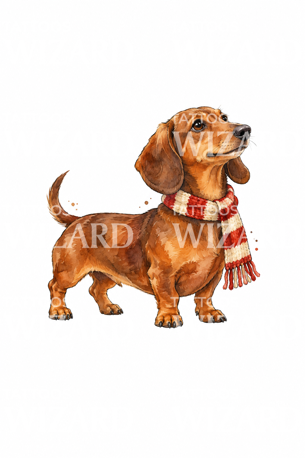 Dachshund in Striped Scarf Watercolor Tattoo Idea