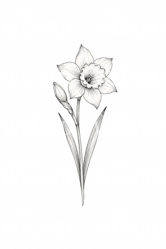 Daffodil Bloom and Bud Fine Line Tattoo Design