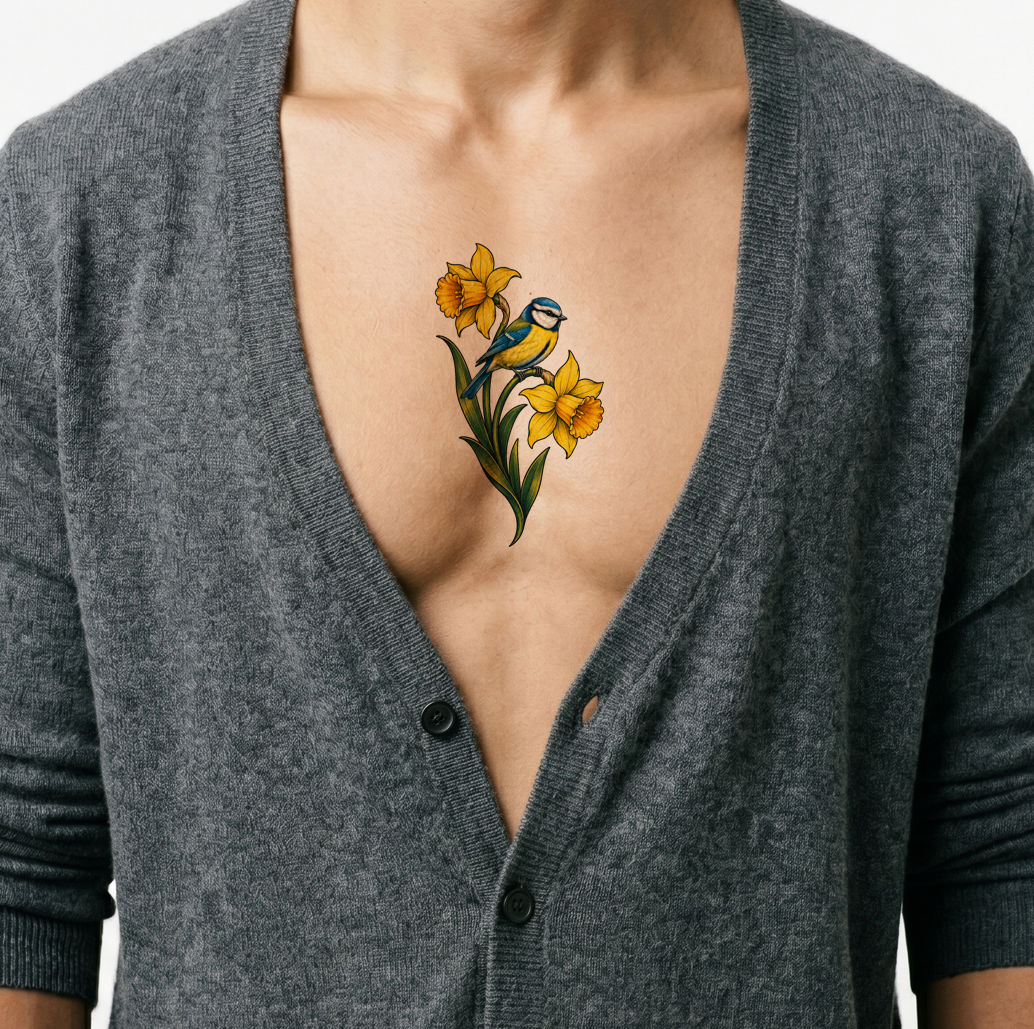 Ιδέα τατουάζ με νάρκισσους και γαλαζοπαπαδίτσα