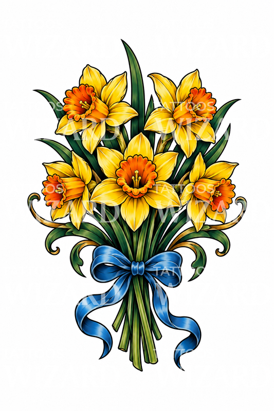 Narzissenstrauß mit blauem Band als Tattoo-Design