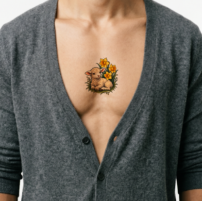 Keväisen karitsan ja narsissien tatuointidesign